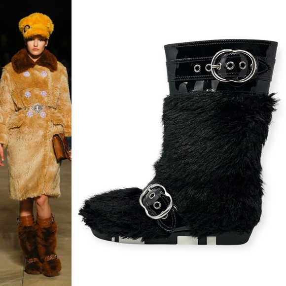 Miu Miu Shoes - Miu Miu Faux Fur Furry Flat Tall Shearling Winter Boots Shoes Black Buckle 39 9